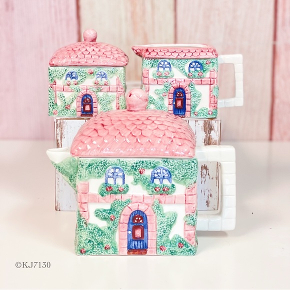 Vintage Avon House Tea Pot Set Hand-Painted 1980s Pink House Ceramic Tea Set - Picture 1 of 13